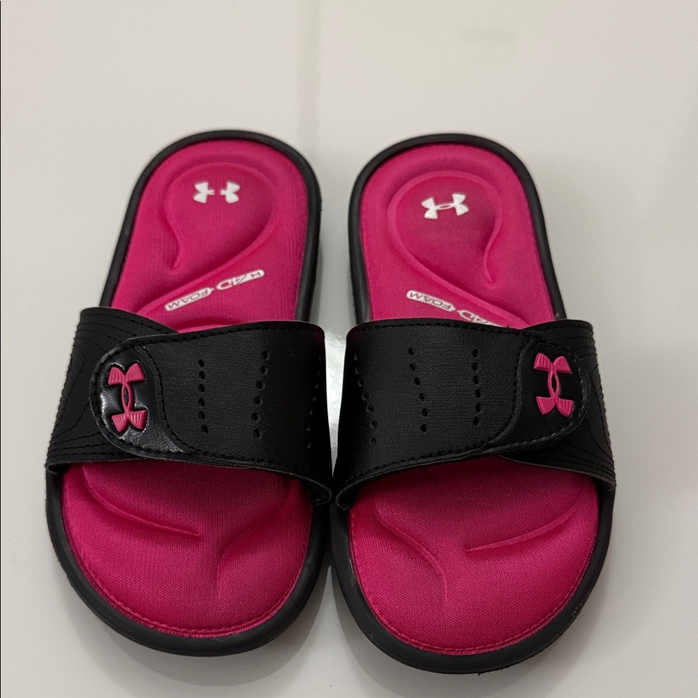 New Under Armour Slide Sandals Girls Youth 1Y Kids Black Hot Pink Foam Ignite